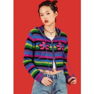 UNIF Astera Striped Cropped Hooded Sweater Flowers RARE!